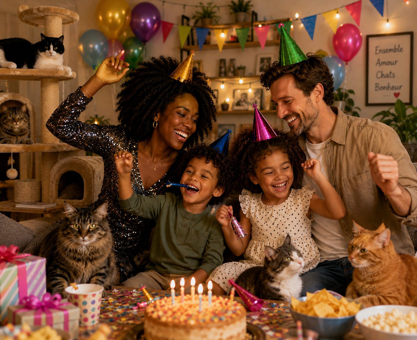 Famille fêtant un anniversaire avec ses chats près d'un arbre à chat mural