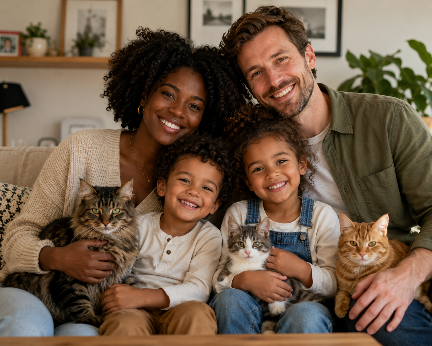 Famille heureuse avec ses trois chats dans son salon